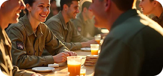 Military folk eating and drinking